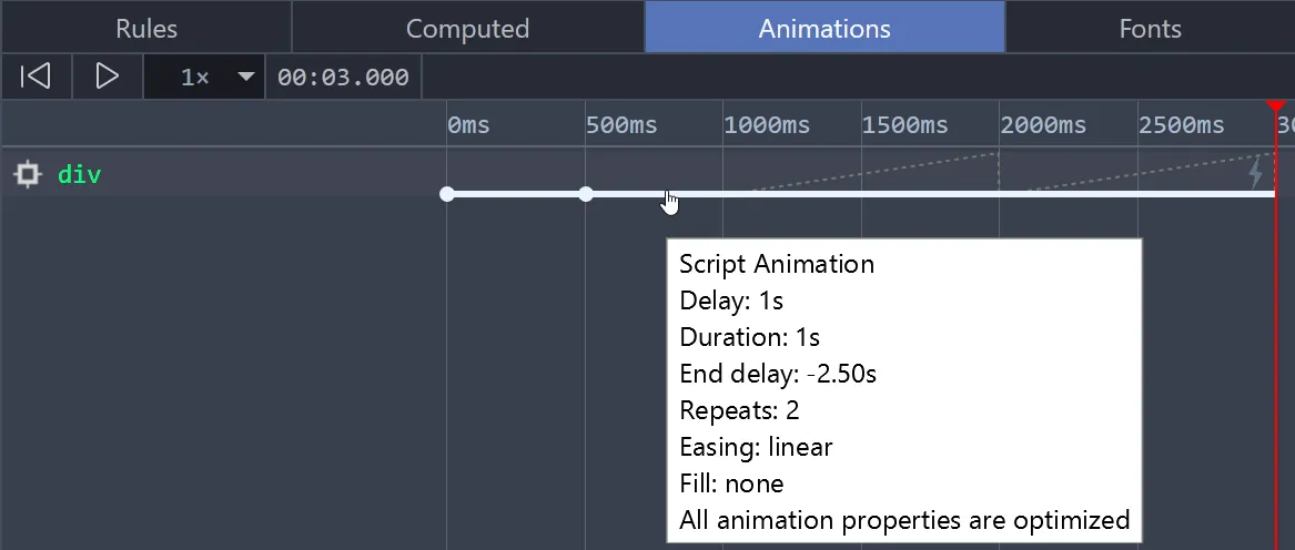 DevTools when viewing an animation with a negative end delay larger than its active duration
