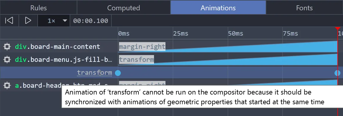 DevTools showing an explanation for why animation of the transform property could not be optimized.
