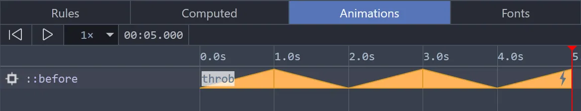 Animation inspector showing a throb animaion running on the pseudo element