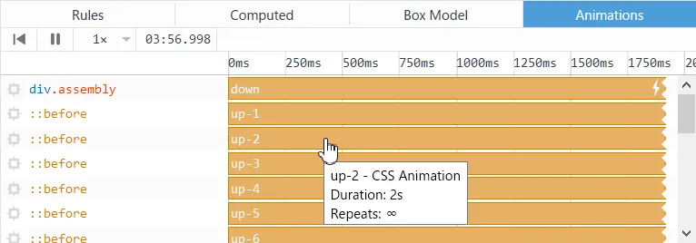 Screenshot of the animation inspector showing animations on pseudo-elements