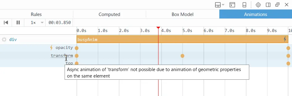 Screenshot of detailed animation performance view where a tooltip indicates that a transform animation is not able to be run async