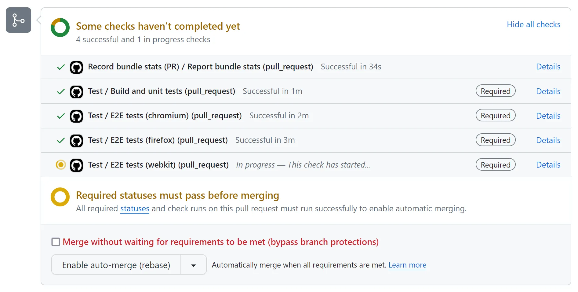Screenshot of GitHub pull request checks dialog with entries such as
"Test / E2E tests (chromium)" and "Test / E2E tests (firefox)"