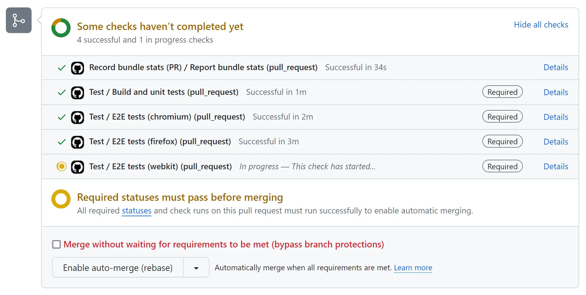 Screenshot of GitHub pull request checks dialog with entries such as\n\