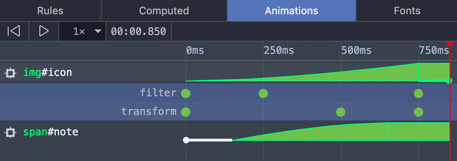 DevTools showing different easing effects applied to two animations
